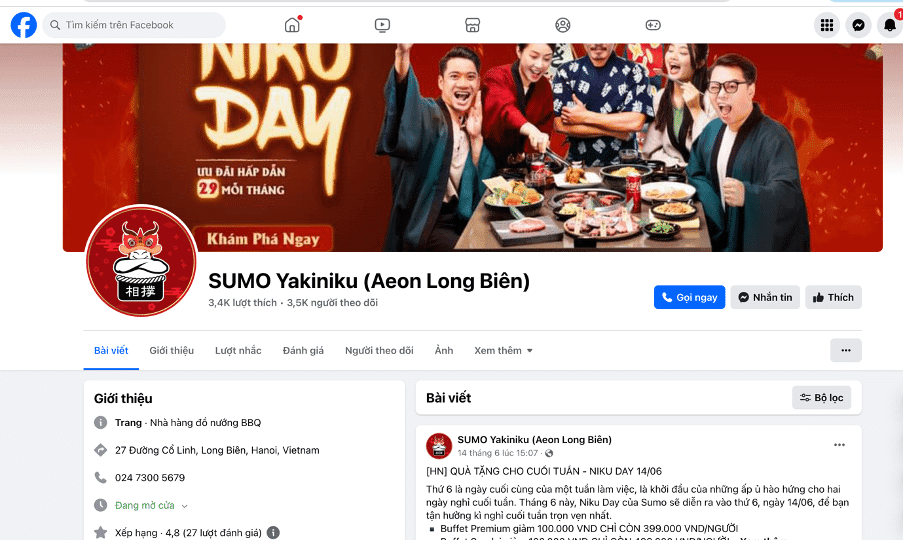 Giao diện Facebook Page của Sumo Yakinu (Aeon Long Biên)