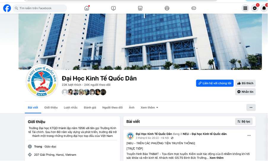 Giao diện Facebook Page Đại học kinh tế quốc dân