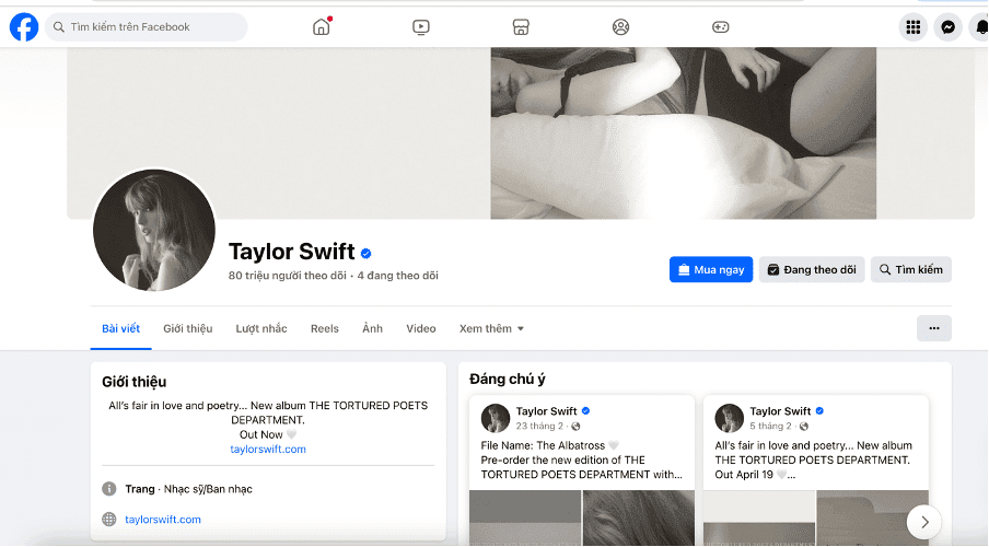 Giao diện Facebook Page Nghệ sĩ Taylor Swift