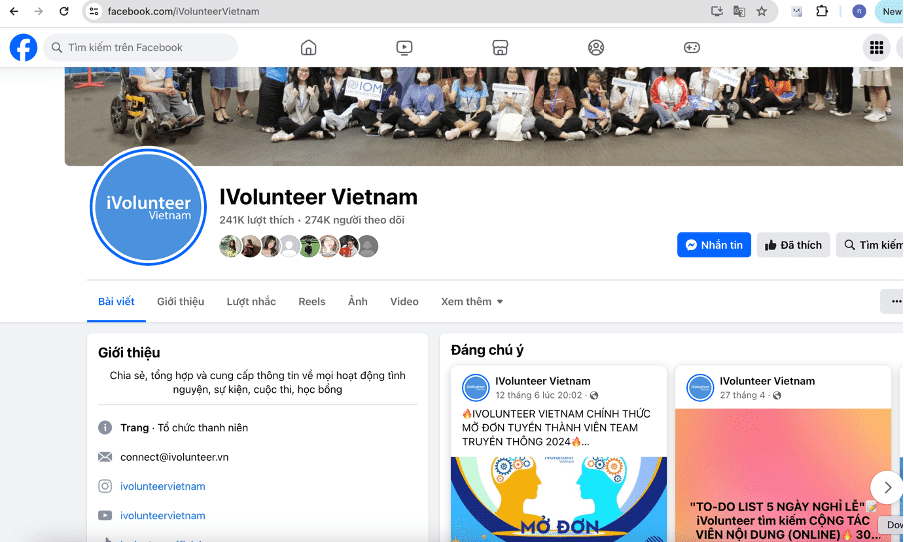 Giao diện Facebook Page của tổ chức iVolunteer