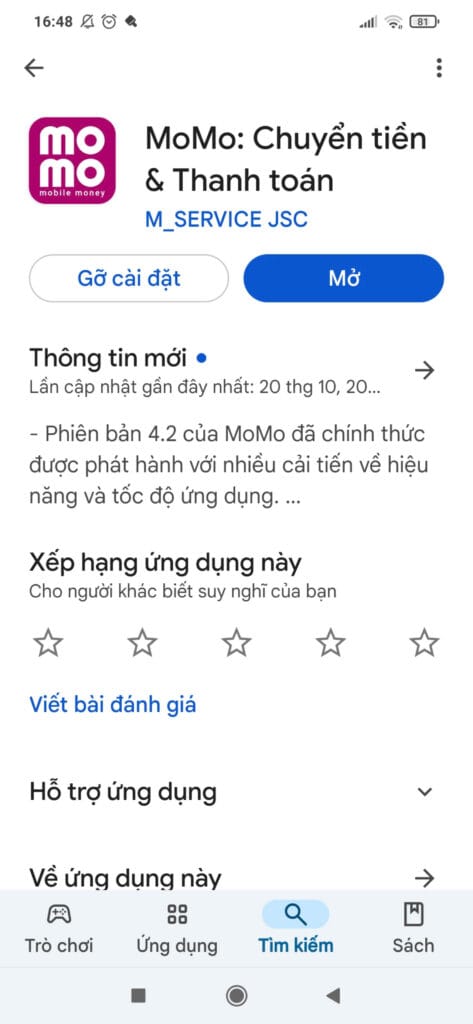 cai momo de thanh toan quang cao facebook bang momo- 2 Giao diện cài đặt momo trên điện thoại trước khi thêm thanh toán quảng cáo Facebook bằng Momo