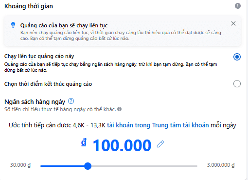 noi dung chay quang cao trang ca nhan 2 1- 7 thiết lập ngân sách chạy quảng cáo trang cá nhân