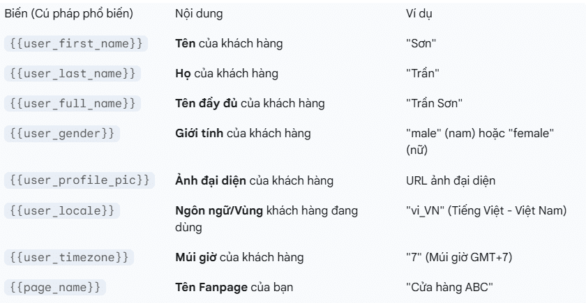 các biến Personalization variables hay placeholders mặc định trong Meta facebook